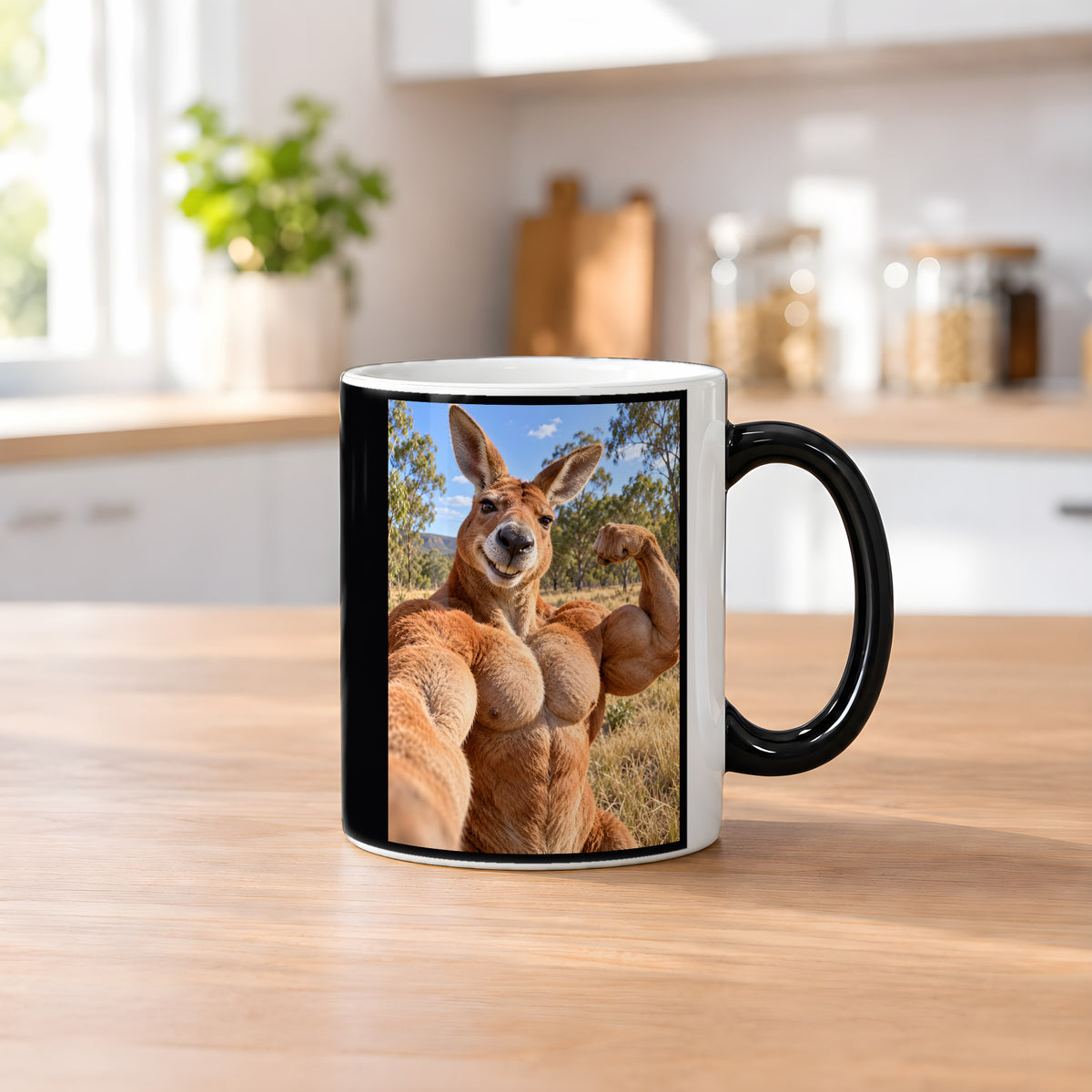 Känguru mit Muskelpose – Tasse. Zaubertasse: Wärmeeffekt. 2 KUECHE HEISS. KI-Motiv.