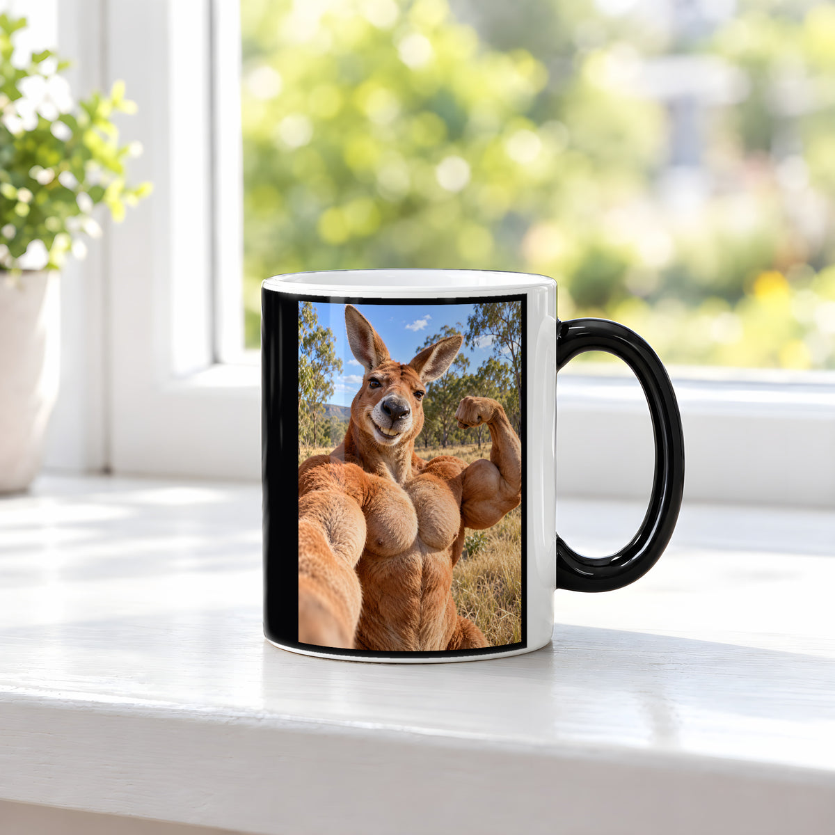 Känguru mit Muskelpose – Tasse. Zaubertasse: Wärmeeffekt. 3 FENSTER HEISS. KI-Motiv.