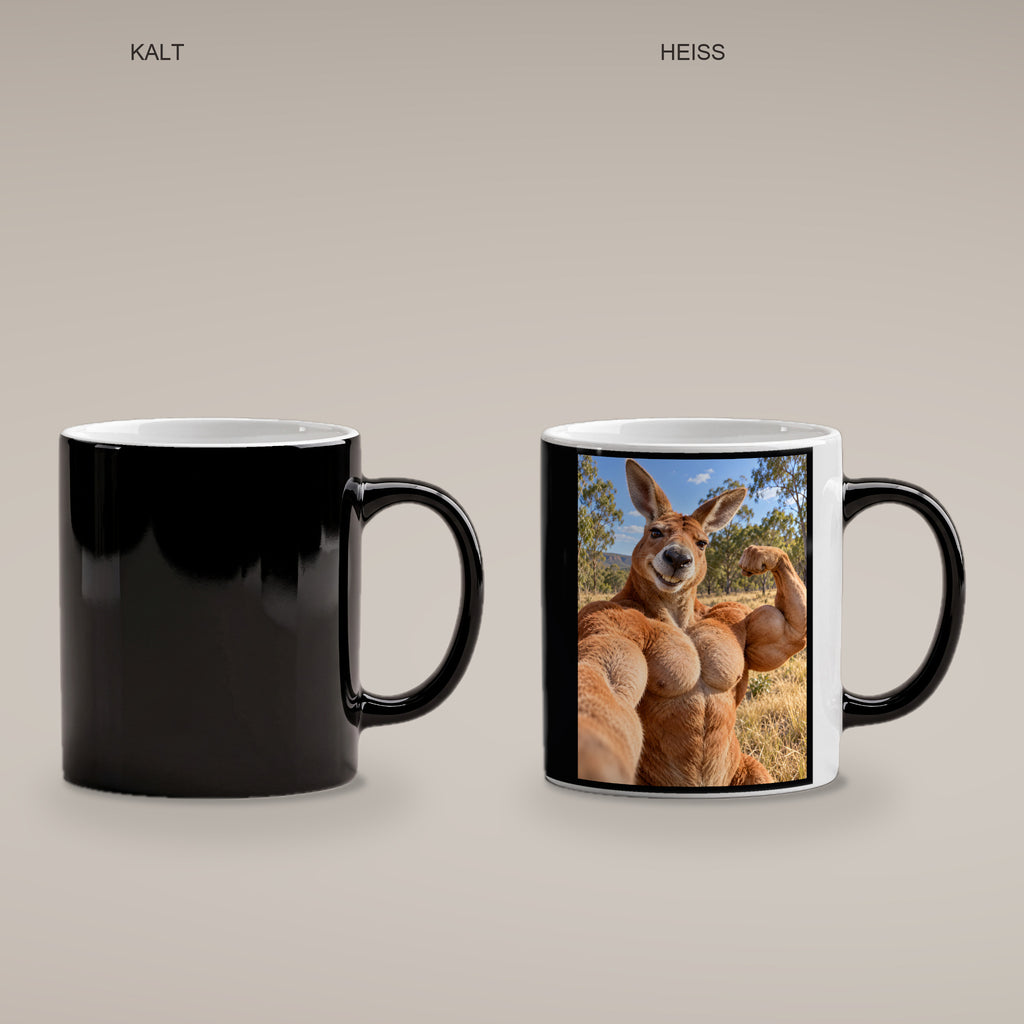 Känguru mit Muskelpose – Tasse. Zaubertasse: Wärmeeffekt. 4 KALT HEISS. KI-Motiv.