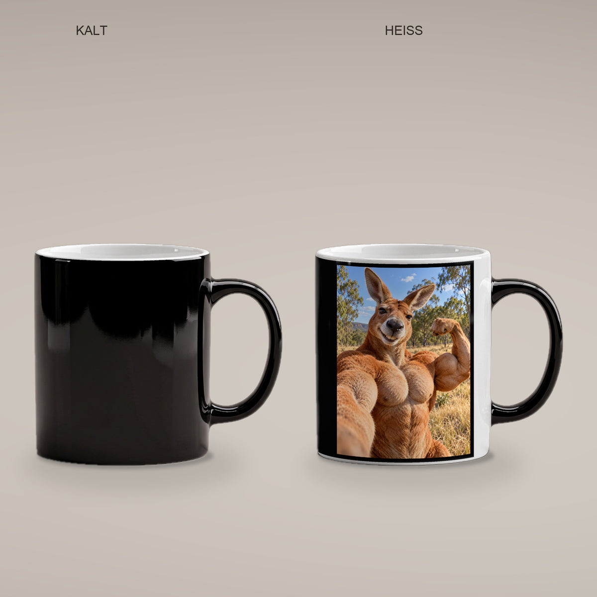 Känguru mit Muskelpose – Tasse. Zaubertasse: Wärmeeffekt. 4 KALT HEISS. KI-Motiv.