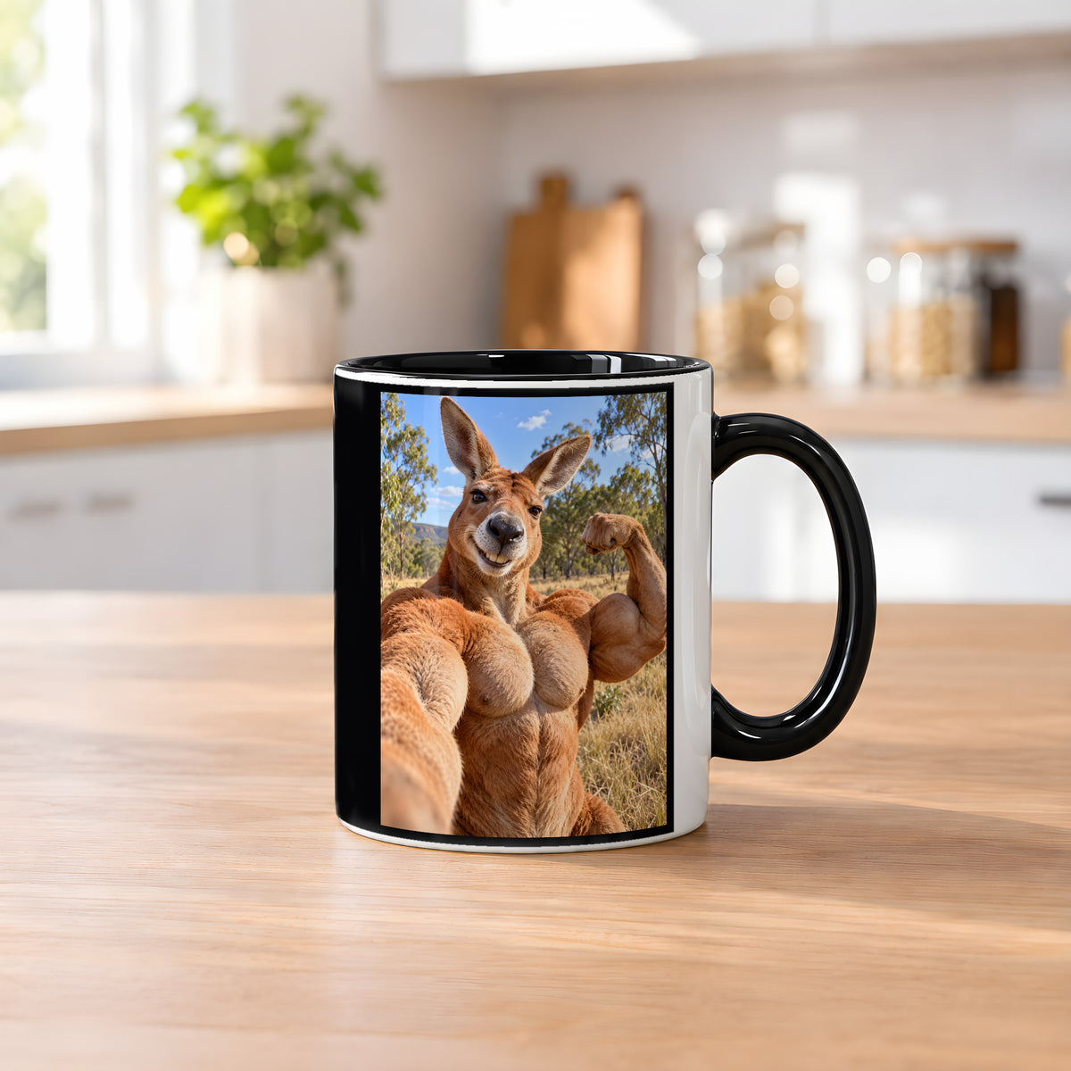 Känguru mit Muskelpose – Tasse. Innen schwarz. 2 KUECHE. KI-Motiv.