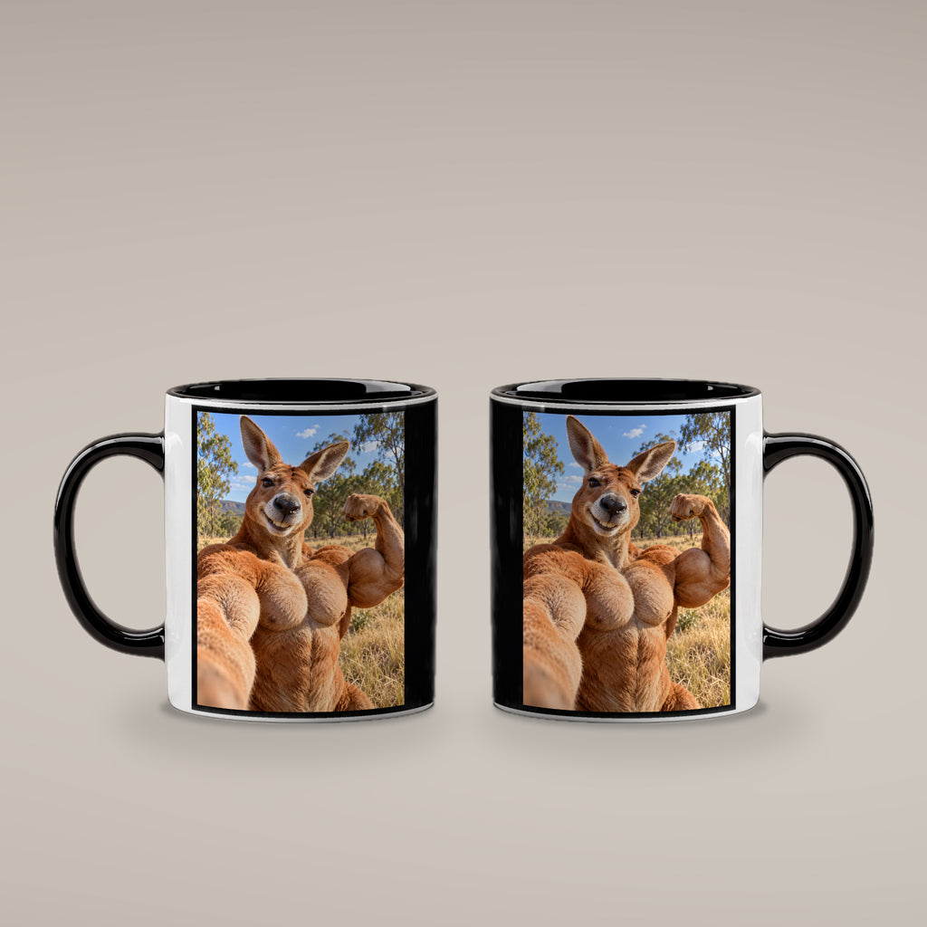 Känguru mit Muskelpose – Tasse. Innen schwarz. 4 BEIDE SEITEN. KI-Motiv.