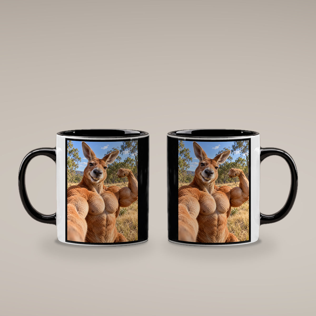 Känguru mit Muskelpose – Tasse. Innen schwarz. 4 BEIDE SEITEN. KI-Motiv.