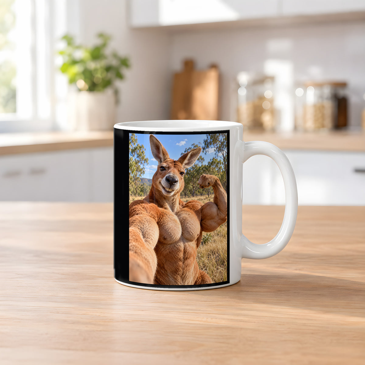 Känguru mit Muskelpose – Tasse. Weiß. 2 KUECHE. KI-Motiv.