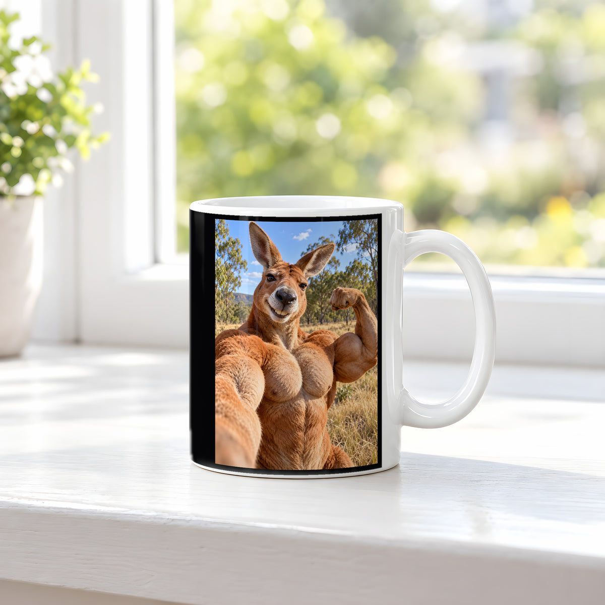 Känguru mit Muskelpose – Tasse. Weiß. 3 FENSTER. KI-Motiv.