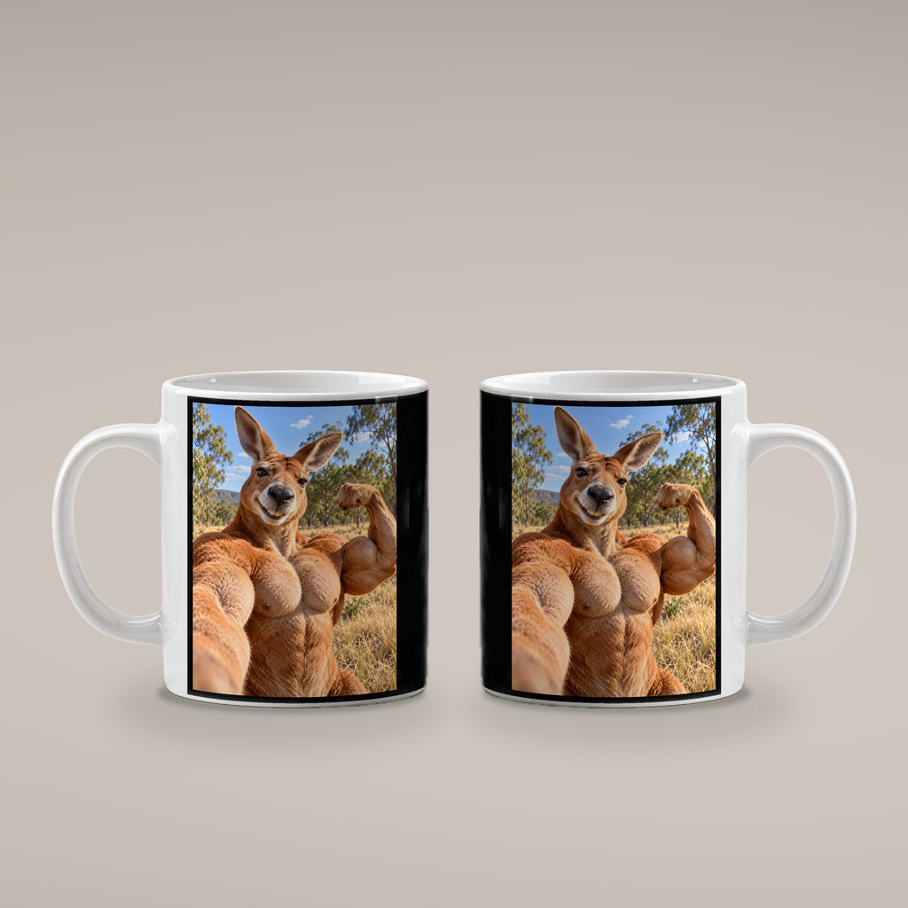 Känguru mit Muskelpose – Tasse. Weiß. 4 BEIDE SEITEN. KI-Motiv.