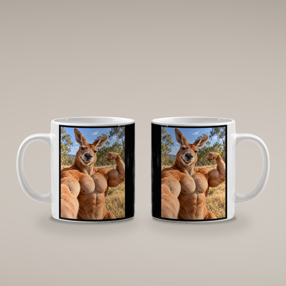 Känguru mit Muskelpose – Tasse. Weiß. 4 BEIDE SEITEN. KI-Motiv.
