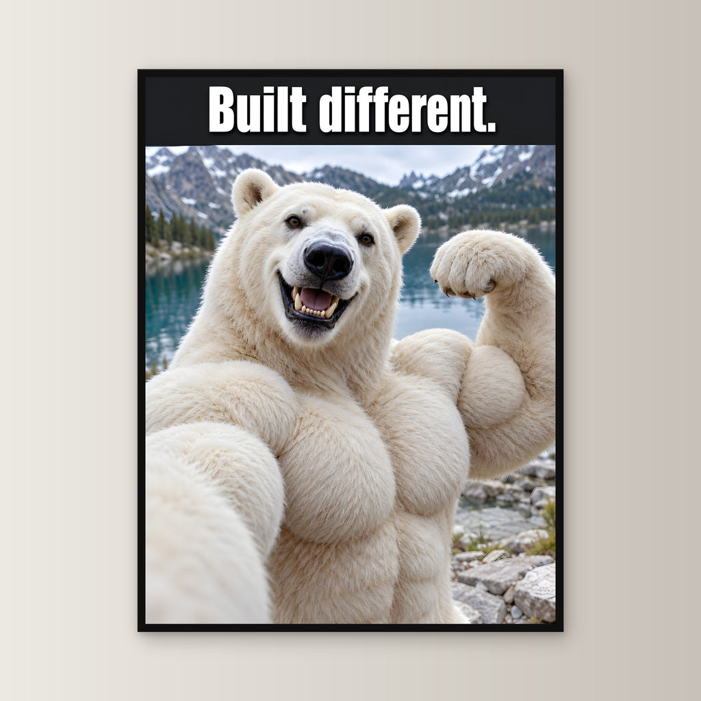 Eisbär mit Muskelpose – Gerahmtes Wandbild mit Spruch. 60×80 cm. 1 FRONTAL. KI-Motiv.