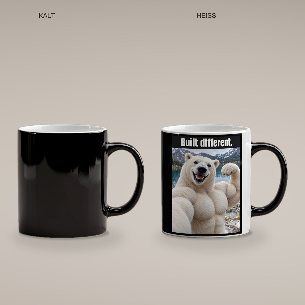 Eisbär mit Muskelpose – Tasse mit Spruch. Zaubertasse: Wärmeeffekt. 4 KALT HEISS. KI-Motiv.