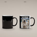 Eisbär mit Muskelpose – Tasse mit Spruch. Zaubertasse: Wärmeeffekt. 4 KALT HEISS. KI-Motiv.
