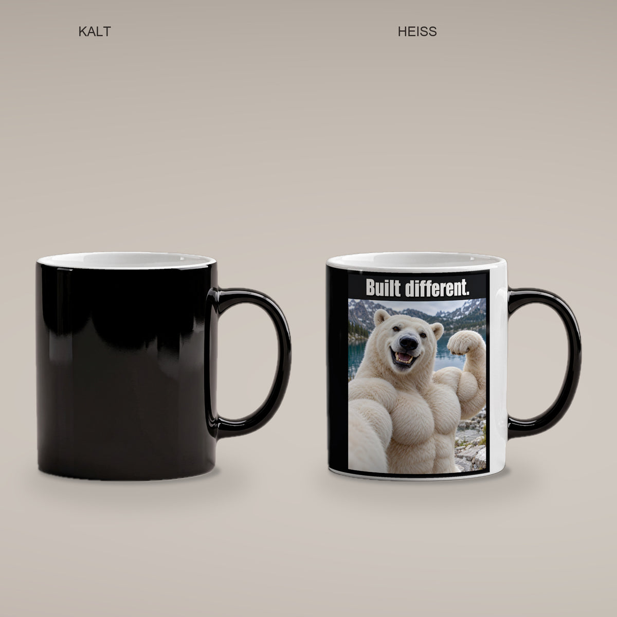 Eisbär mit Muskelpose – Tasse mit Spruch. Zaubertasse: Wärmeeffekt. 4 KALT HEISS. KI-Motiv.