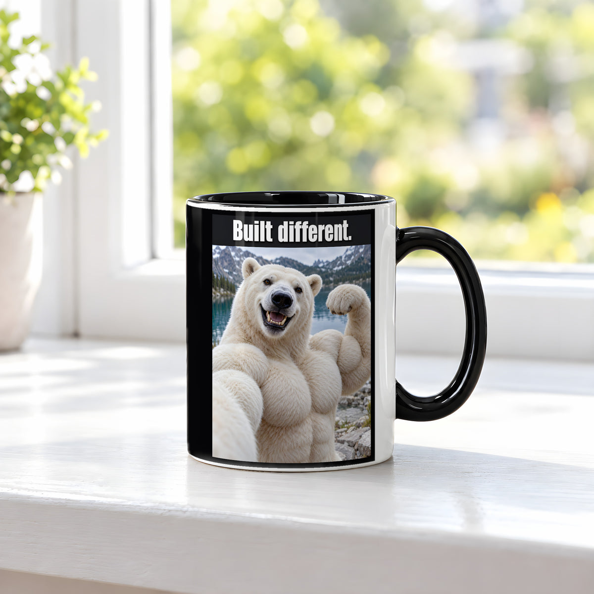 Eisbär mit Muskelpose – Tasse mit Spruch. Innen schwarz. 3 FENSTER. KI-Motiv.