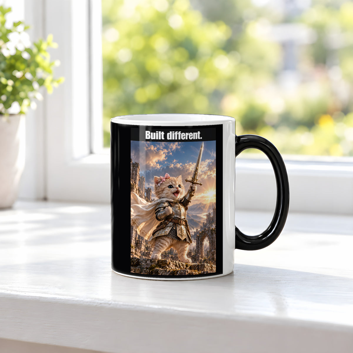 Built different. – Tasse. Zaubertasse: Wärmeeffekt. 3 FENSTER HEISS. KI-Motiv.