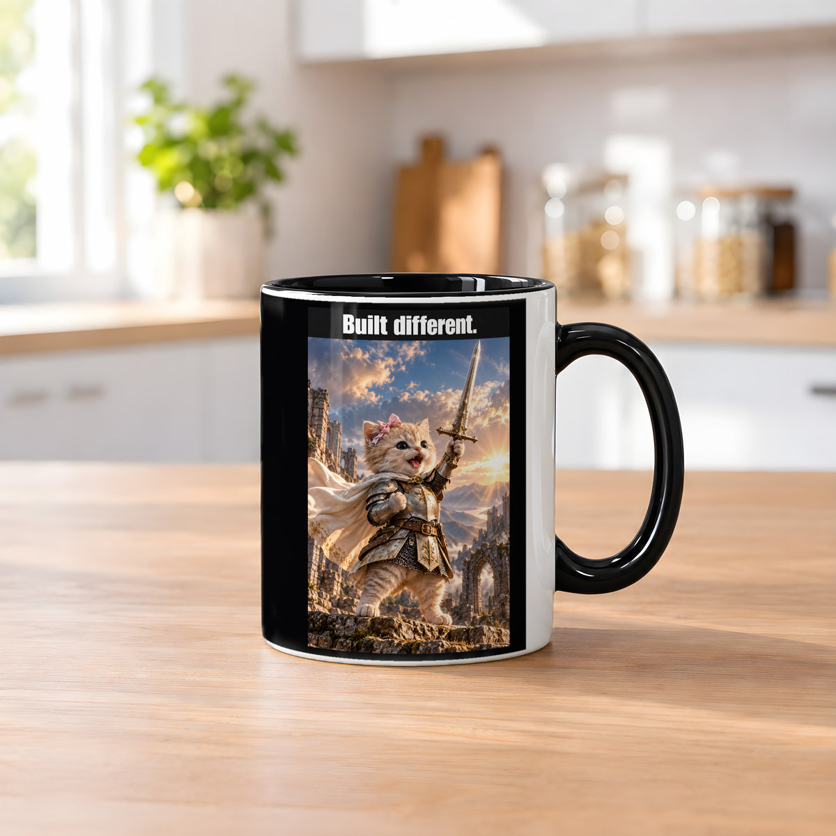 Built different. – Tasse. Innen schwarz. 2 KUECHE. KI-Motiv.
