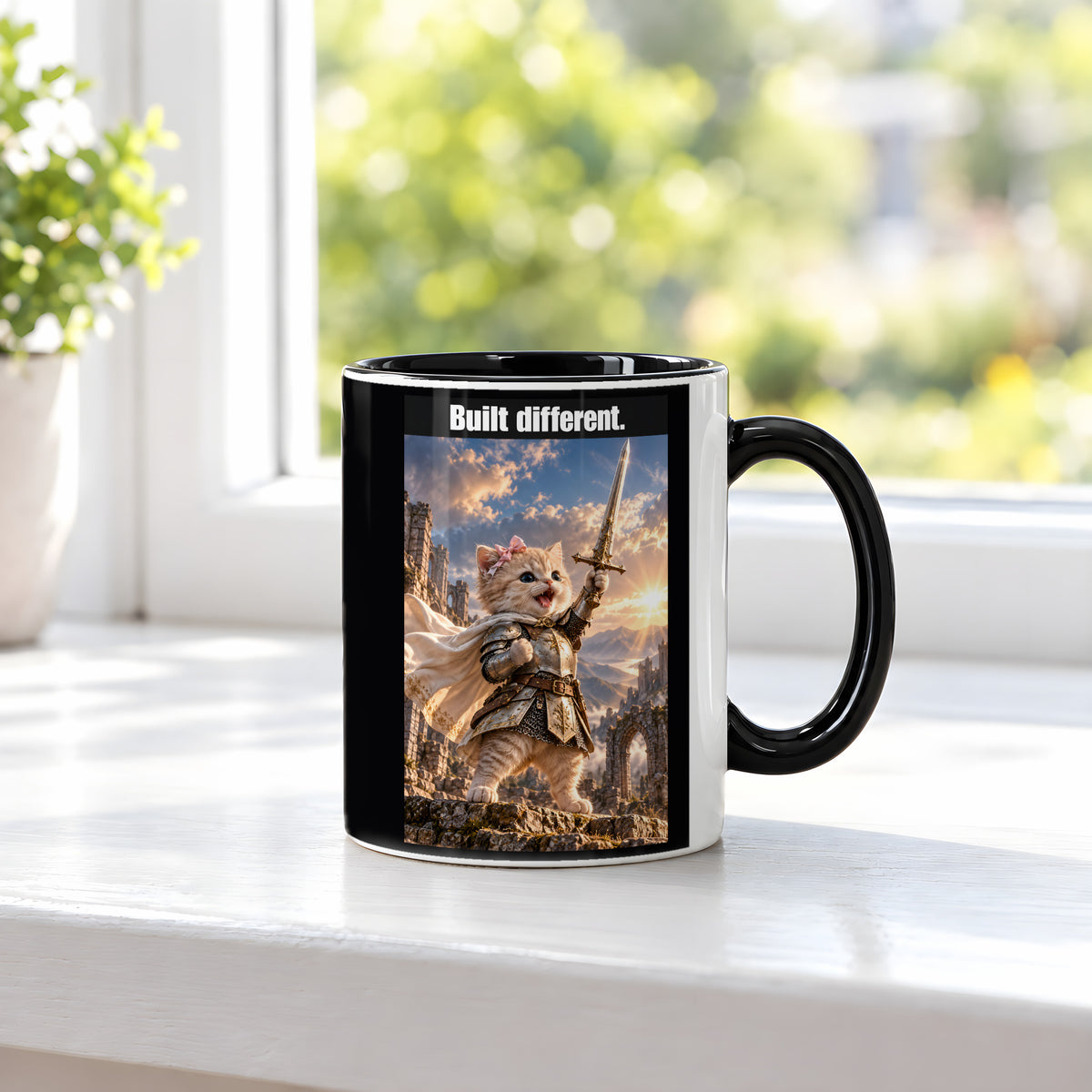 Built different. – Tasse. Innen schwarz. 3 FENSTER. KI-Motiv.