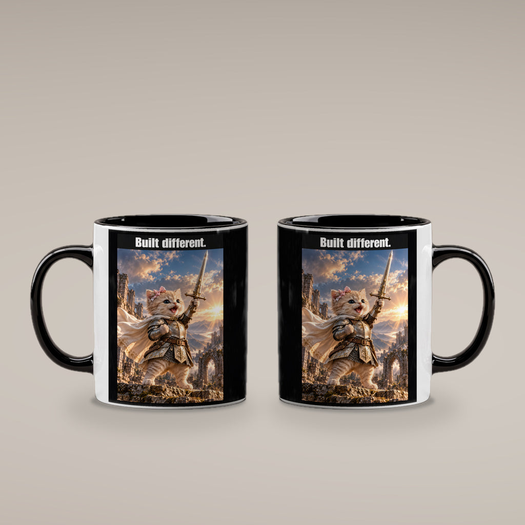 Built different. – Tasse. Innen schwarz. 4 BEIDE SEITEN. KI-Motiv.