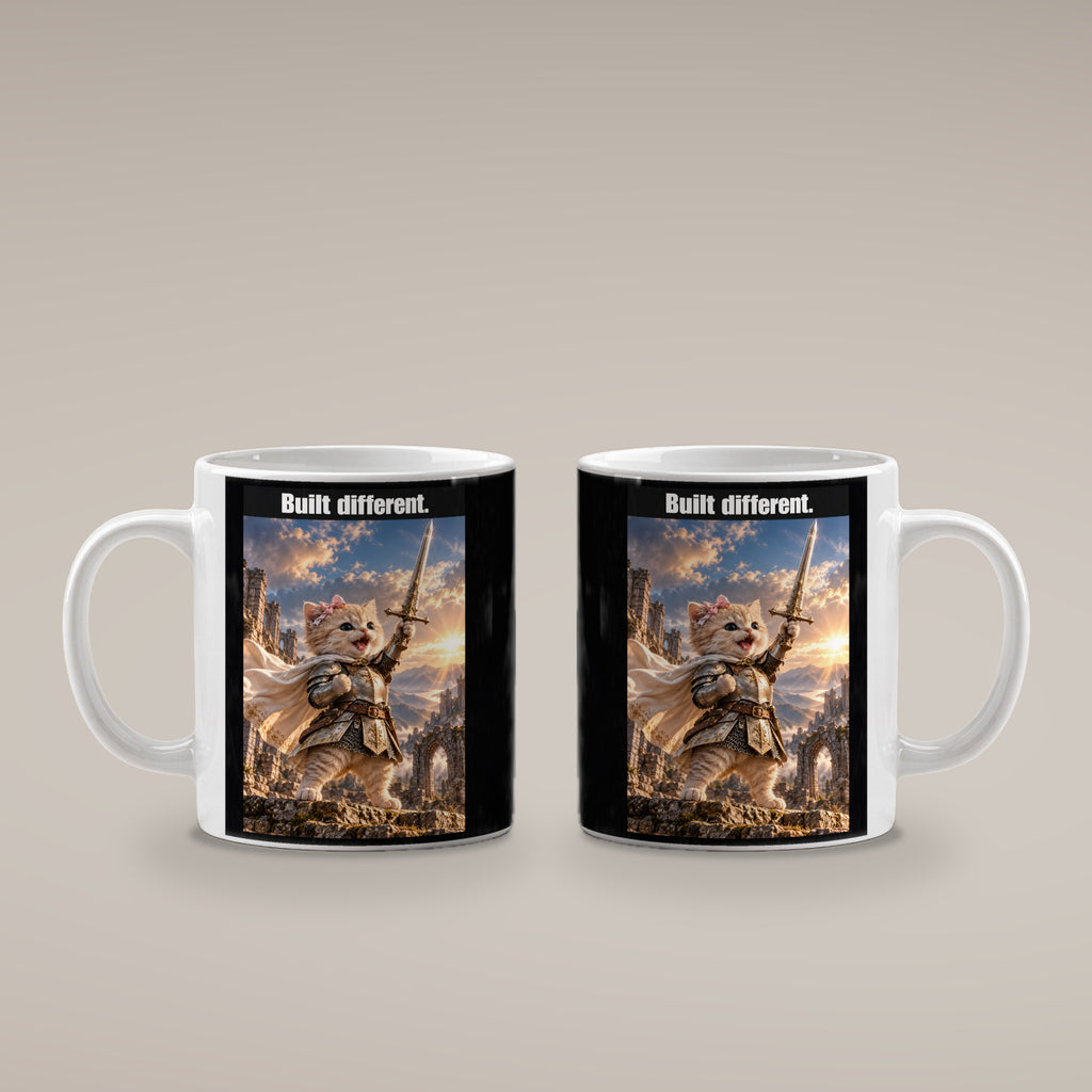 Built different. – Tasse. Weiß. 4 BEIDE SEITEN. KI-Motiv.