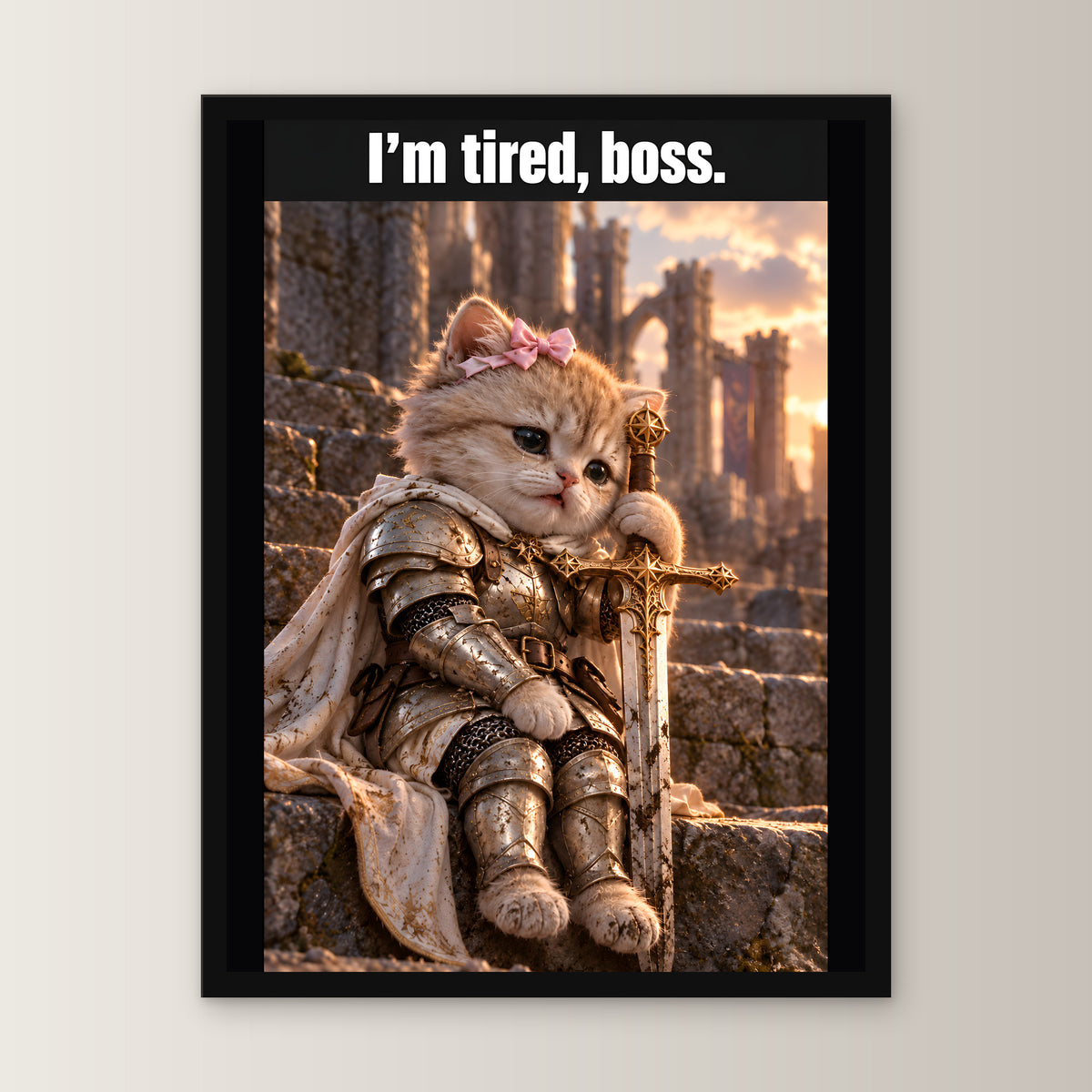 I’m tired, boss. – Gerahmtes Wandbild. 30×40 cm. 1 FRONTAL. KI-Motiv.