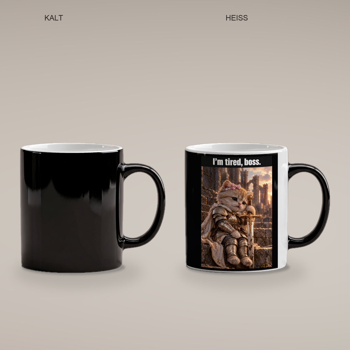 I’m tired, boss. – Tasse. Zaubertasse: Wärmeeffekt. 4 KALT HEISS. KI-Motiv.