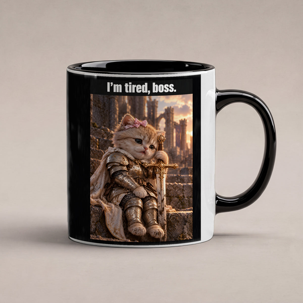 I’m tired, boss. – Tasse. Innen schwarz. 1 STUDIO. KI-Motiv.