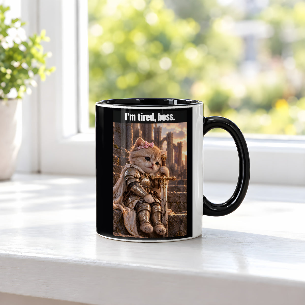 I’m tired, boss. – Tasse. Innen schwarz. 3 FENSTER. KI-Motiv.