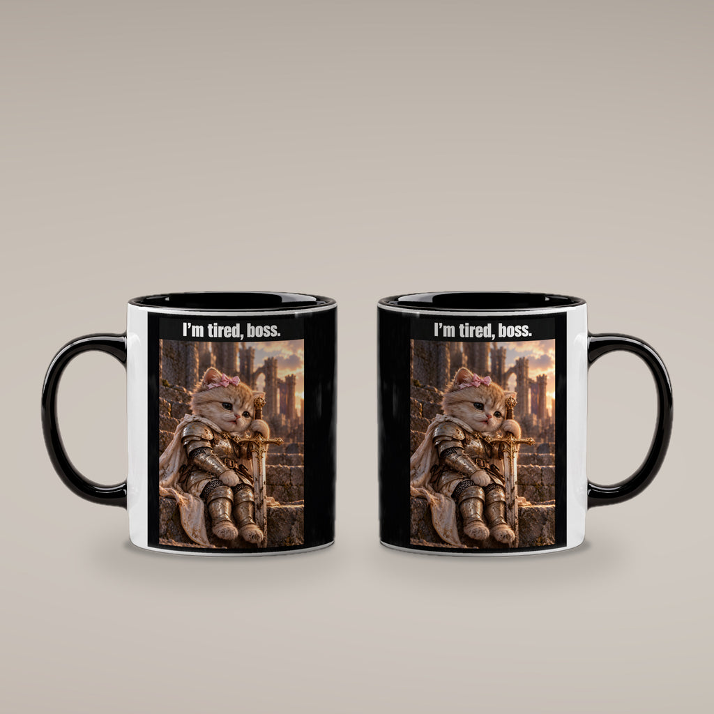 I’m tired, boss. – Tasse. Innen schwarz. 4 BEIDE SEITEN. KI-Motiv.