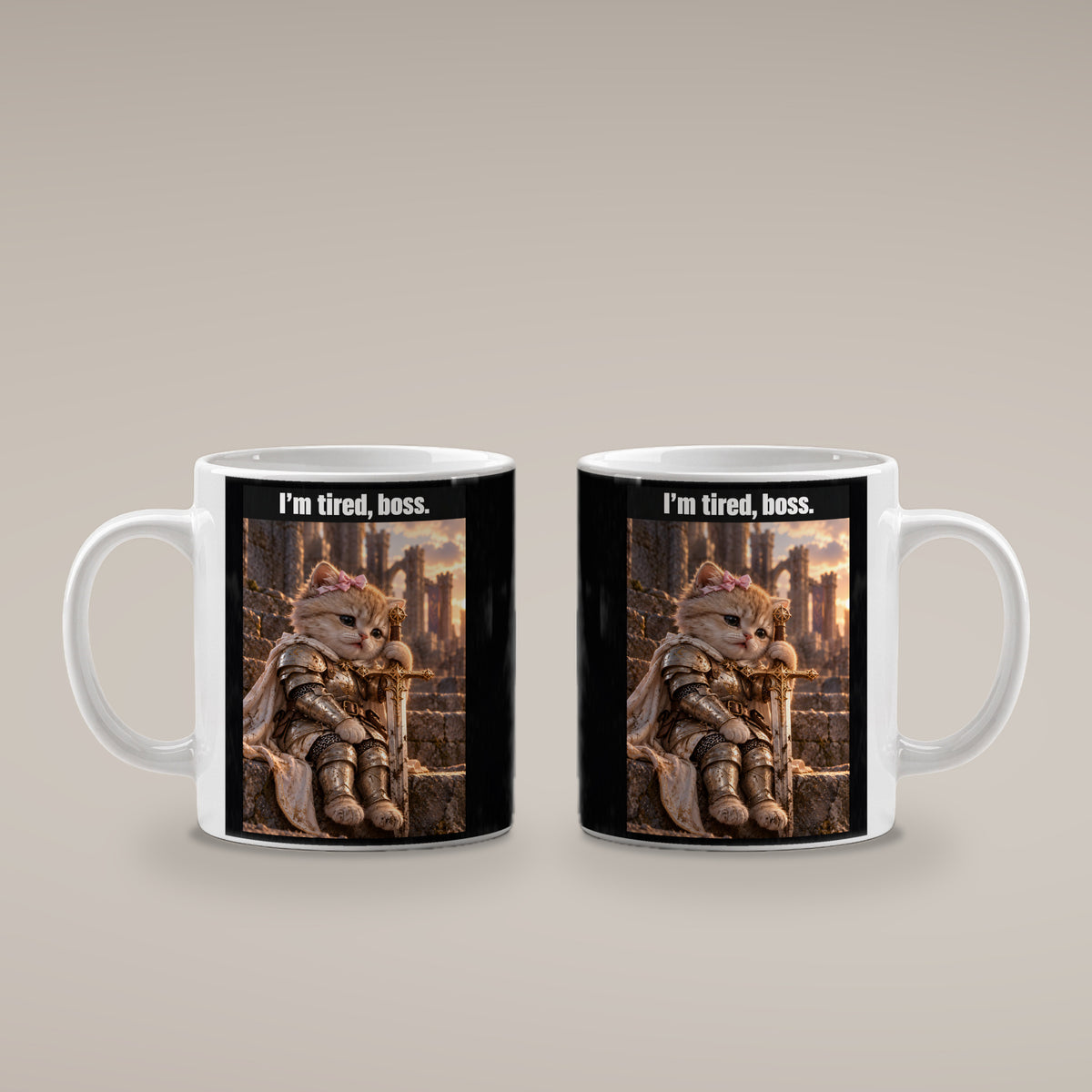 I’m tired, boss. – Tasse. Weiß. 4 BEIDE SEITEN. KI-Motiv.