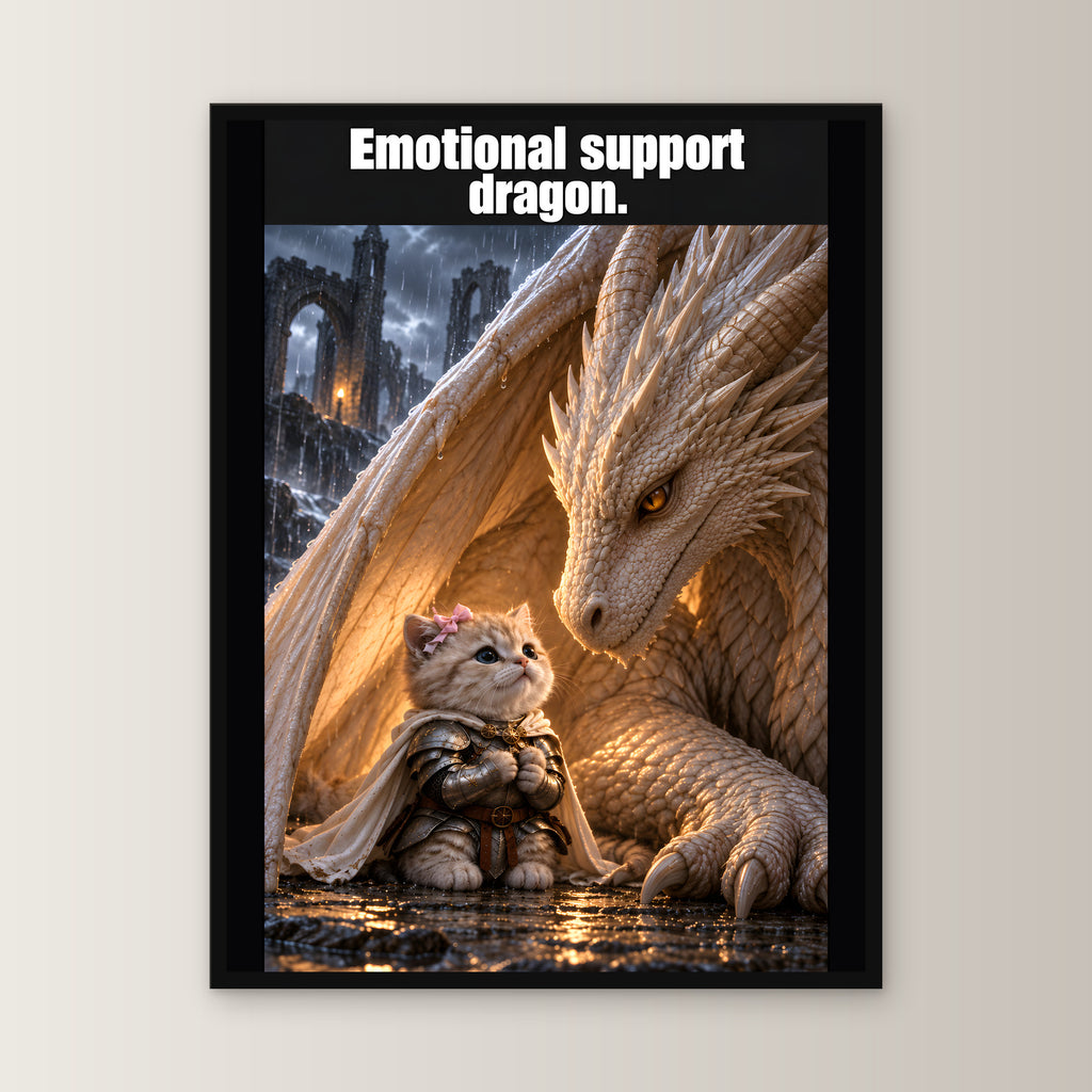 Emotional support dragon. – Gerahmtes Wandbild. 45×60 cm. 1 FRONTAL. KI-Motiv.