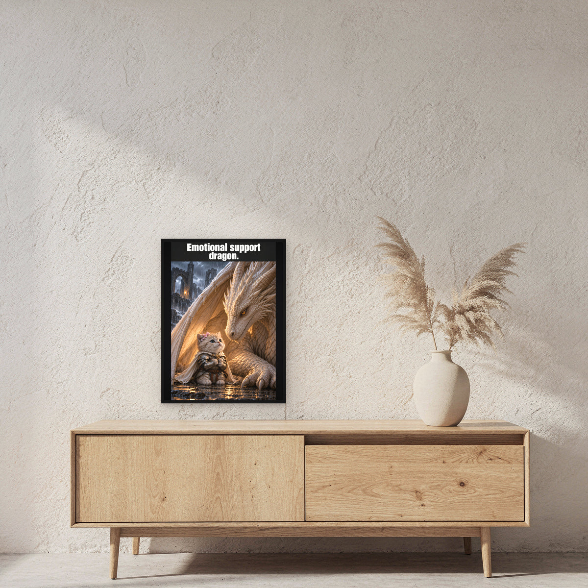 Emotional support dragon. – Gerahmtes Wandbild. 45×60 cm. 2 RAUM. KI-Motiv.