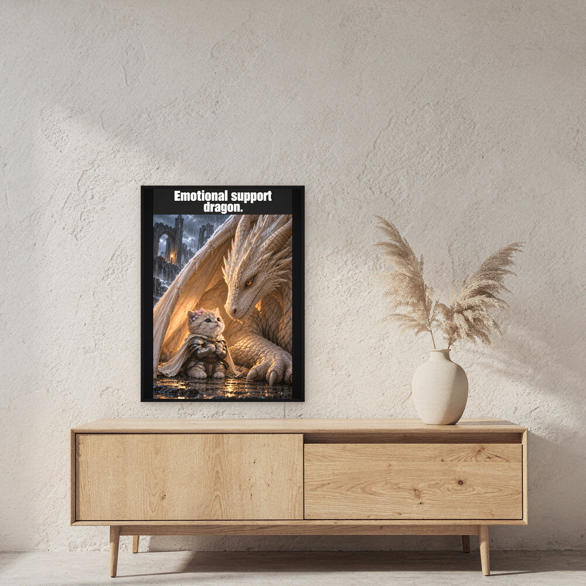 Emotional support dragon. – Gerahmtes Wandbild. 60×80 cm. 2 RAUM. KI-Motiv.
