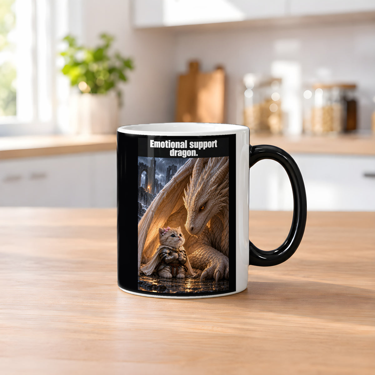Emotional support dragon. – Tasse. Zaubertasse: Wärmeeffekt. 2 KUECHE HEISS. KI-Motiv.
