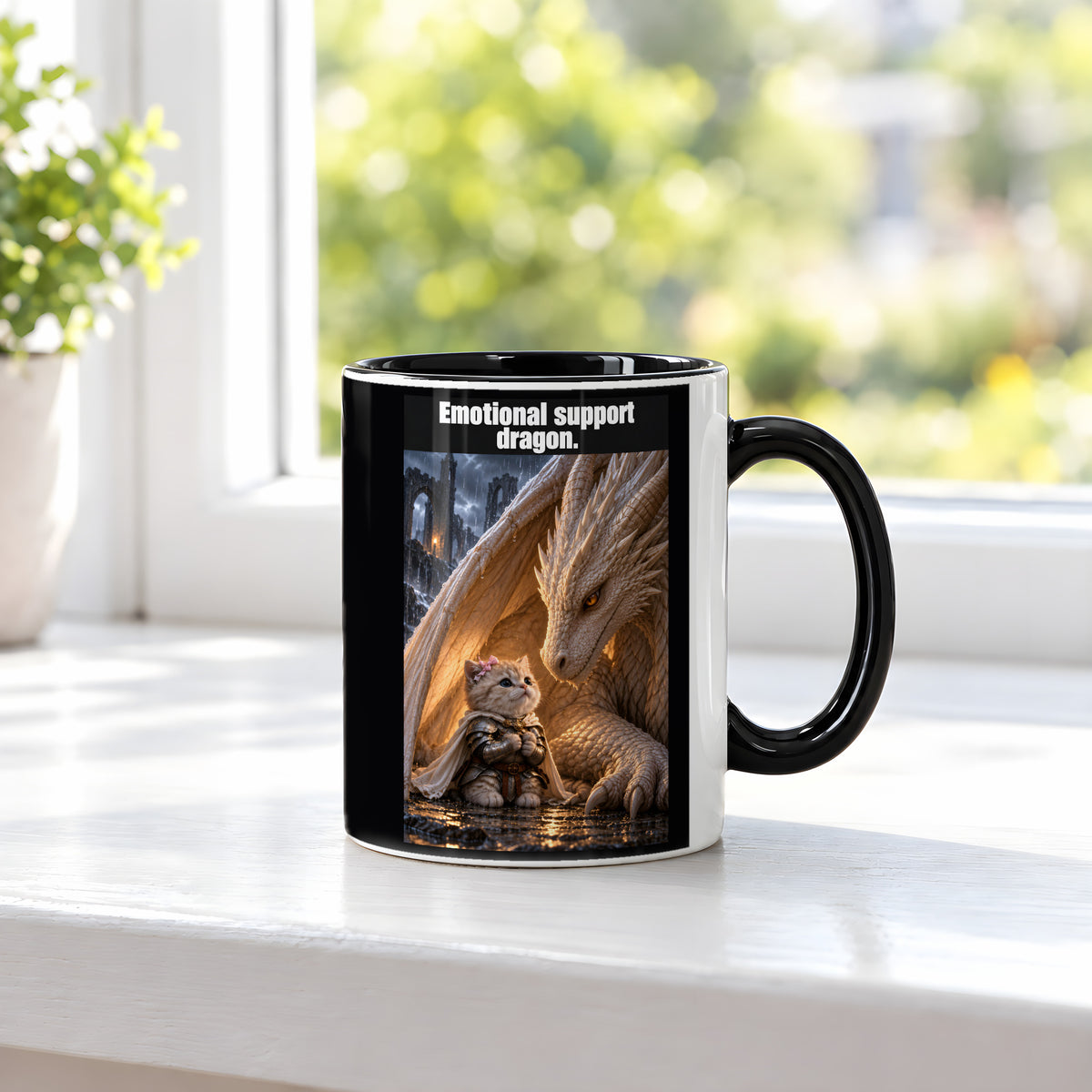 Emotional support dragon. – Tasse. Innen schwarz. 3 FENSTER. KI-Motiv.