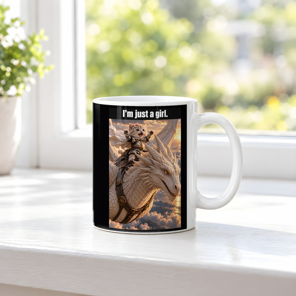 I’m just a girl. – Tasse. Weiß. 3 FENSTER. KI-Motiv.