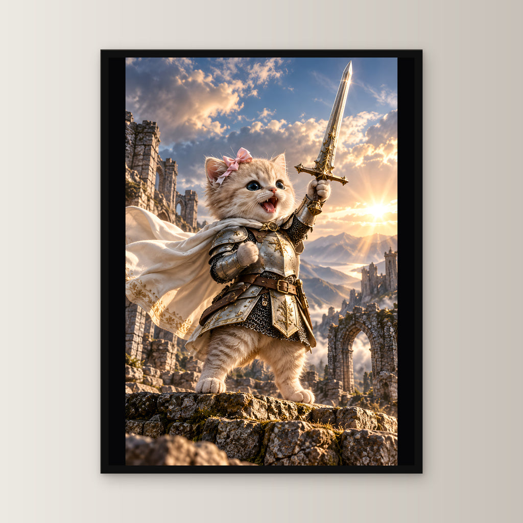 Ritterkatze – Siegesfreude – Gerahmtes Wandbild. 45×60 cm. 1 FRONTAL. KI-Motiv.