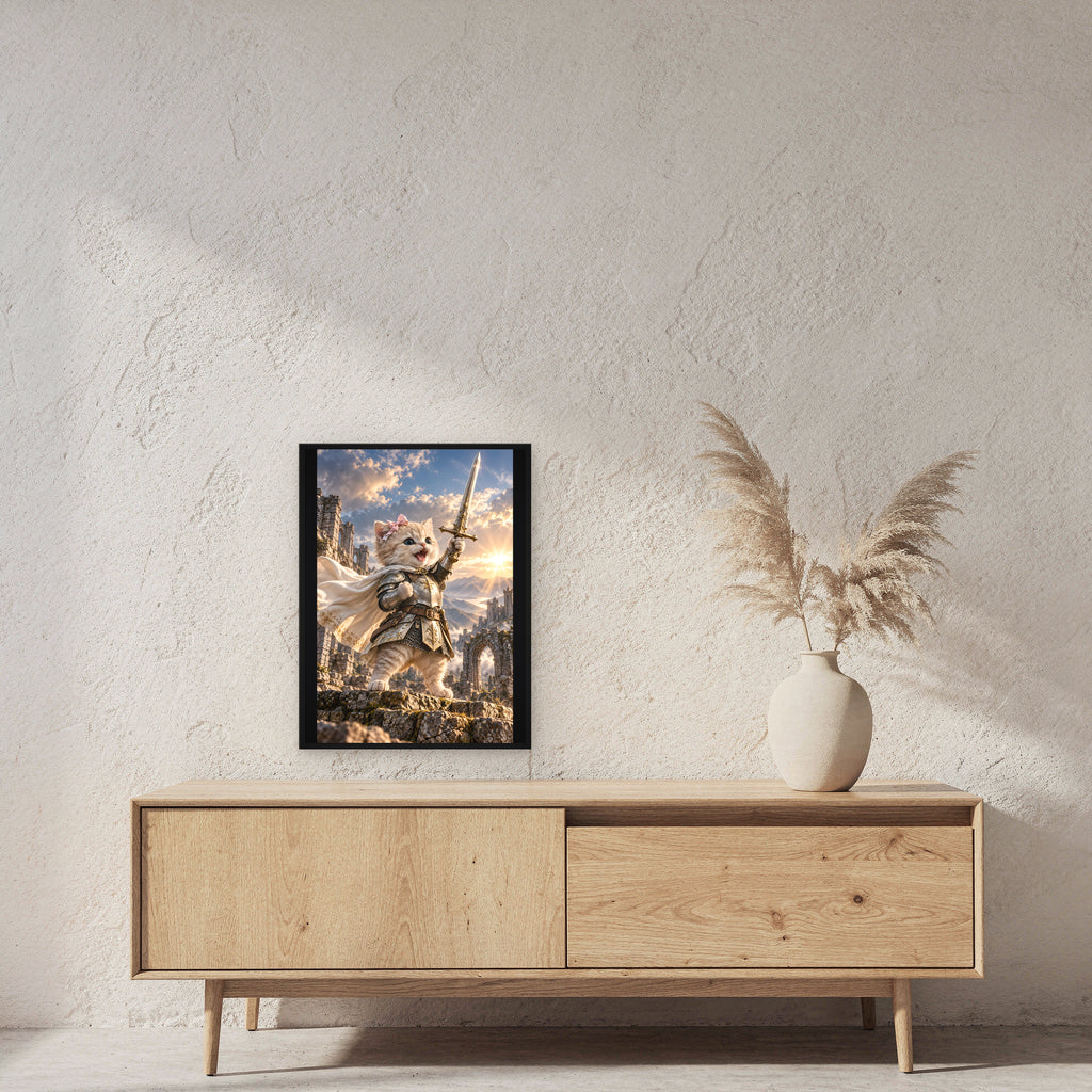 Ritterkatze – Siegesfreude – Gerahmtes Wandbild. 45×60 cm. 2 RAUM. KI-Motiv.