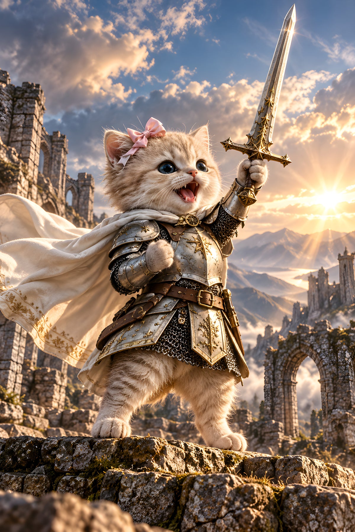 Ritterkatze – Siegesfreude – vollständige Motivansicht für 30×40 cm, ohne Beschnitt. Mit KI-Werkzeugen gestaltet.