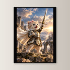 Ritterkatze – Siegesfreude – Gerahmtes Wandbild. 60×80 cm. 1 FRONTAL. KI-Motiv.