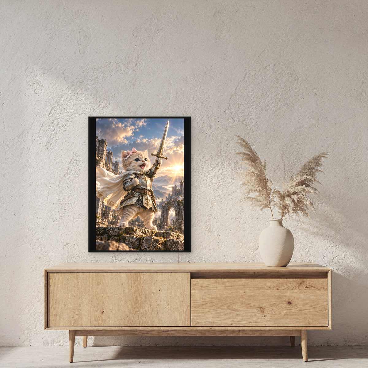 Ritterkatze – Siegesfreude – Gerahmtes Wandbild. 60×80 cm. 2 RAUM. KI-Motiv.