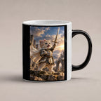 Ritterkatze – Siegesfreude – Tasse. Zaubertasse: Wärmeeffekt. 1 STUDIO HEISS. KI-Motiv.
