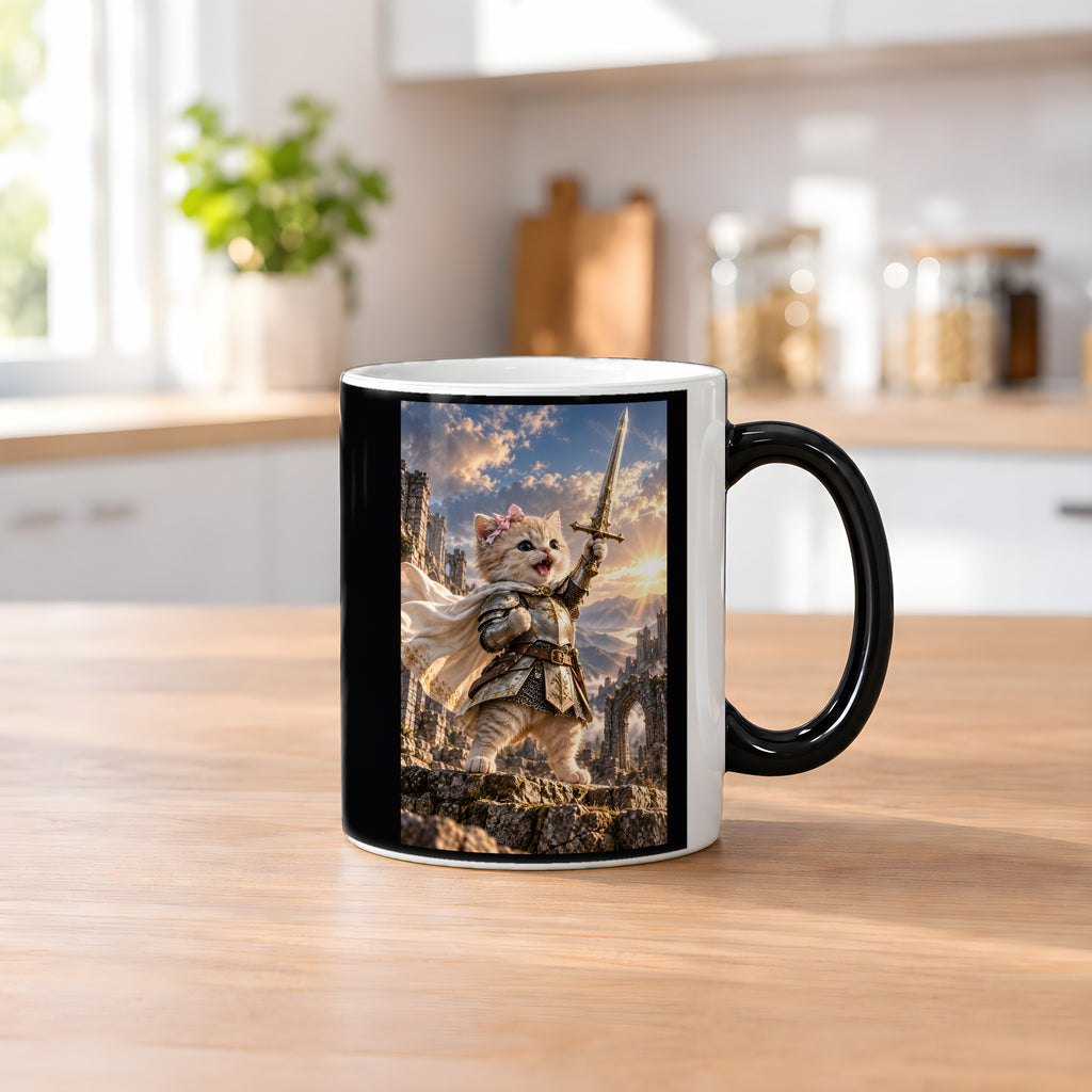 Ritterkatze – Siegesfreude – Tasse. Zaubertasse: Wärmeeffekt. 2 KUECHE HEISS. KI-Motiv.