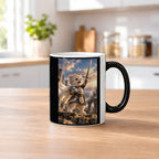 Ritterkatze – Siegesfreude – Tasse. Zaubertasse: Wärmeeffekt. 2 KUECHE HEISS. KI-Motiv.