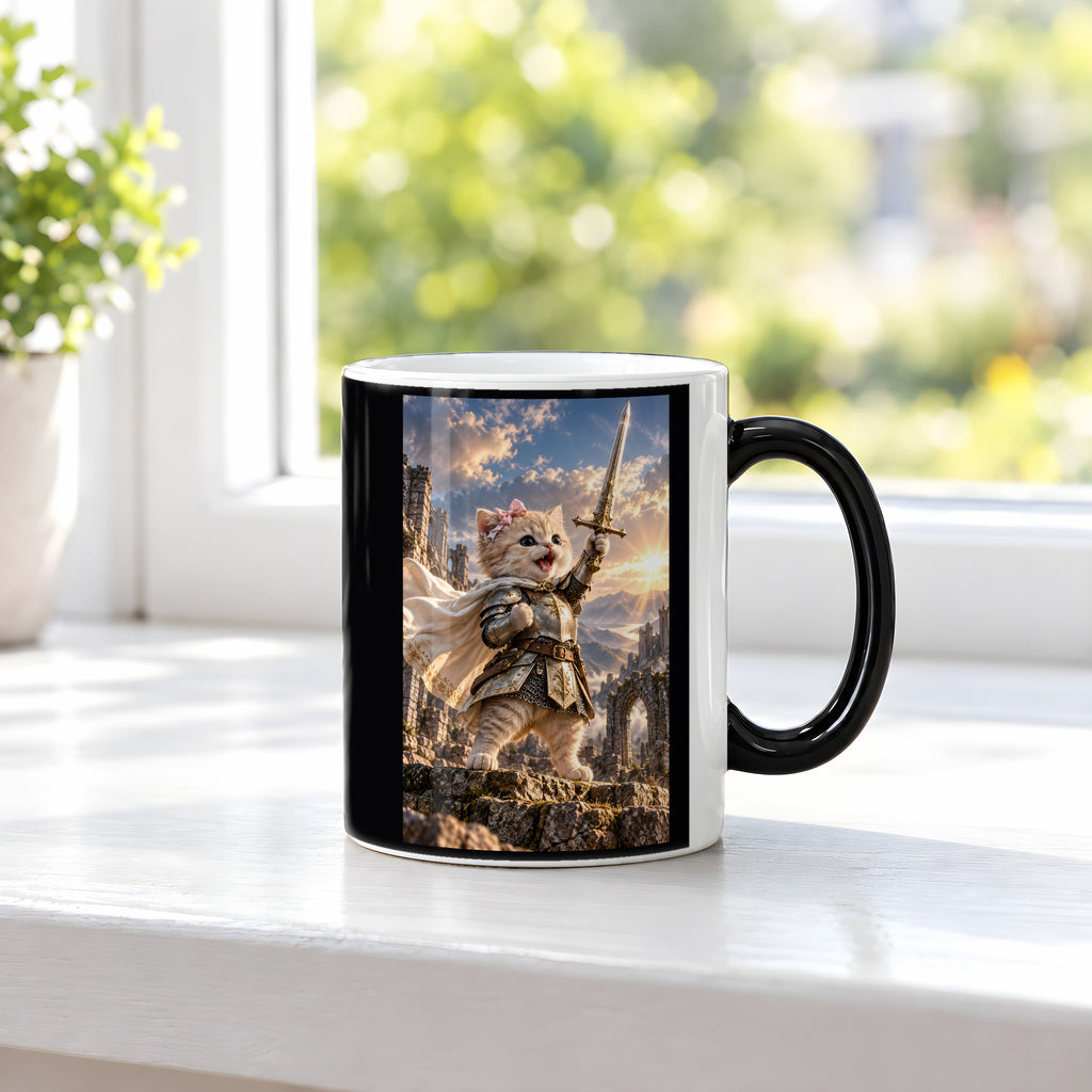 Ritterkatze – Siegesfreude – Tasse. Zaubertasse: Wärmeeffekt. 3 FENSTER HEISS. KI-Motiv.