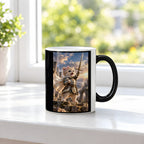 Ritterkatze – Siegesfreude – Tasse. Zaubertasse: Wärmeeffekt. 3 FENSTER HEISS. KI-Motiv.