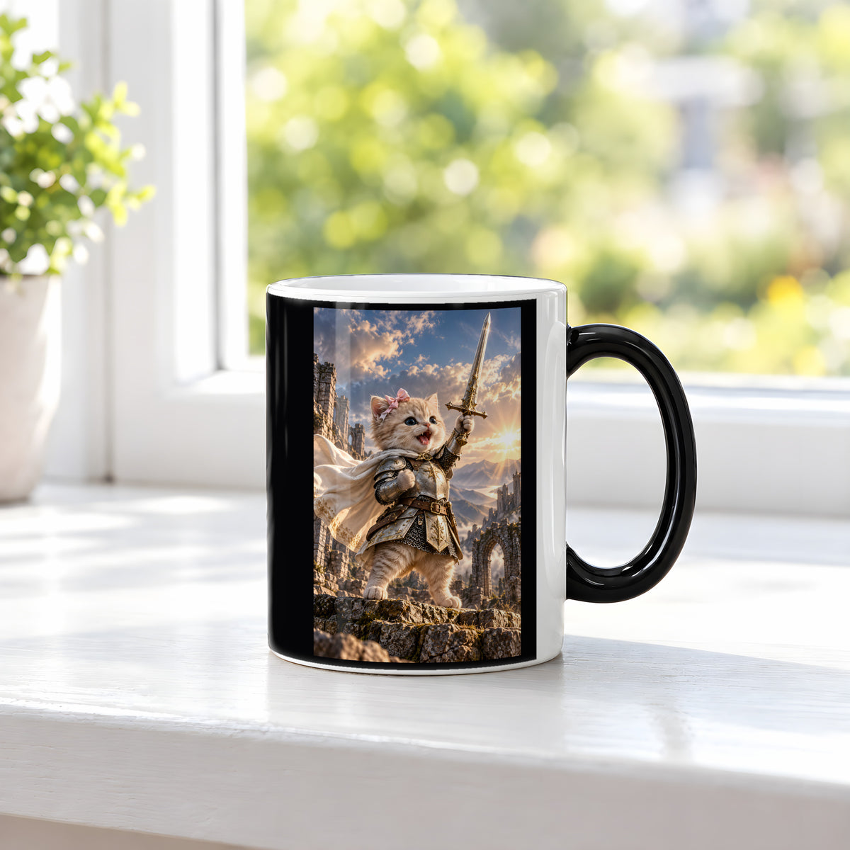 Ritterkatze – Siegesfreude – Tasse. Zaubertasse: Wärmeeffekt. 3 FENSTER HEISS. KI-Motiv.