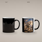Ritterkatze – Siegesfreude – Tasse. Zaubertasse: Wärmeeffekt. 4 KALT HEISS. KI-Motiv.