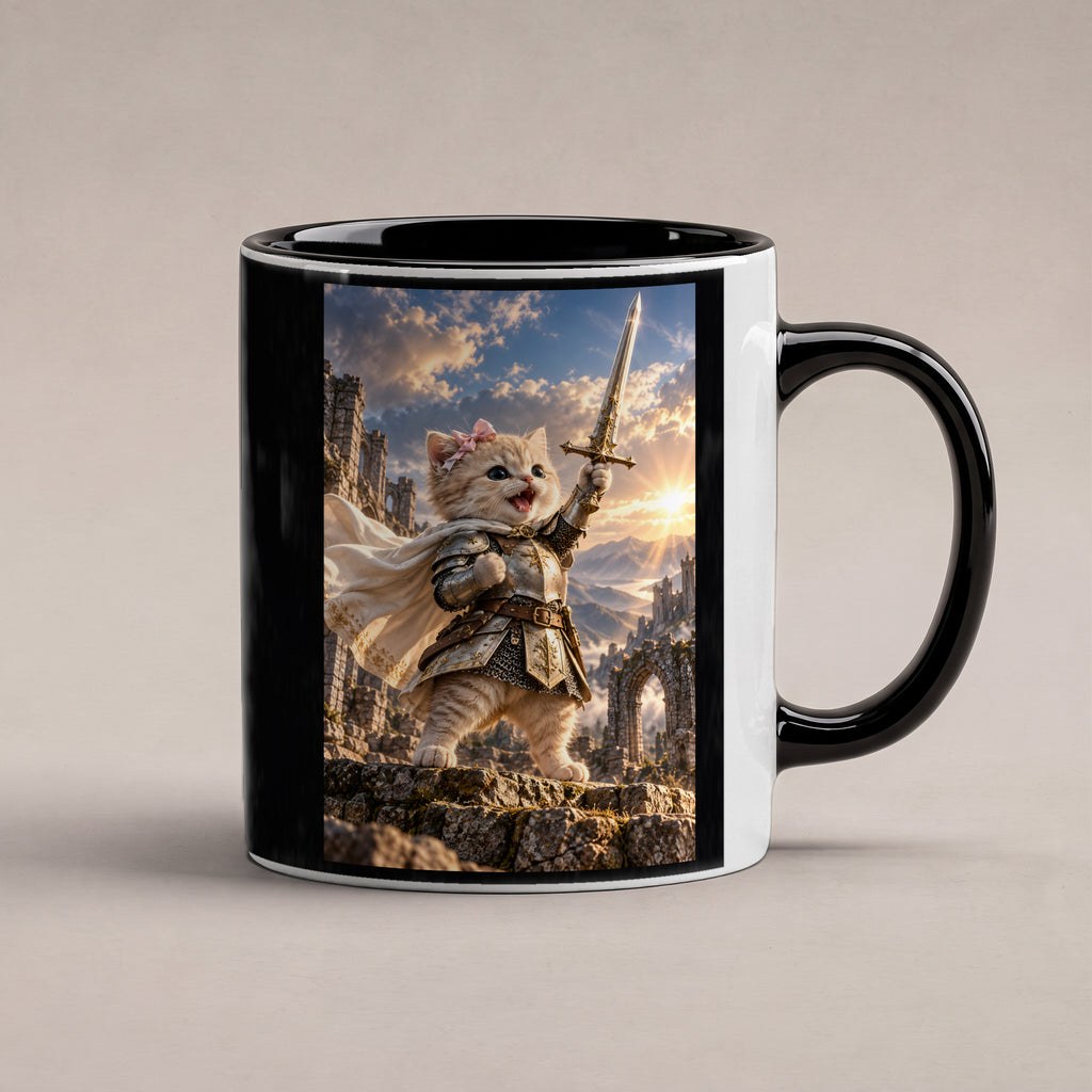 Ritterkatze – Siegesfreude – Tasse. Innen schwarz. 1 STUDIO. KI-Motiv.