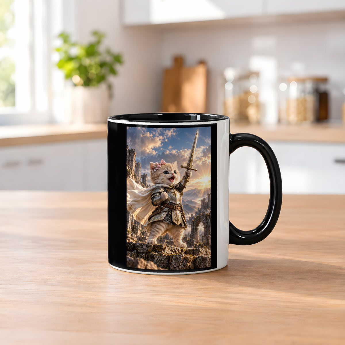 Ritterkatze – Siegesfreude – Tasse. Innen schwarz. 2 KUECHE. KI-Motiv.