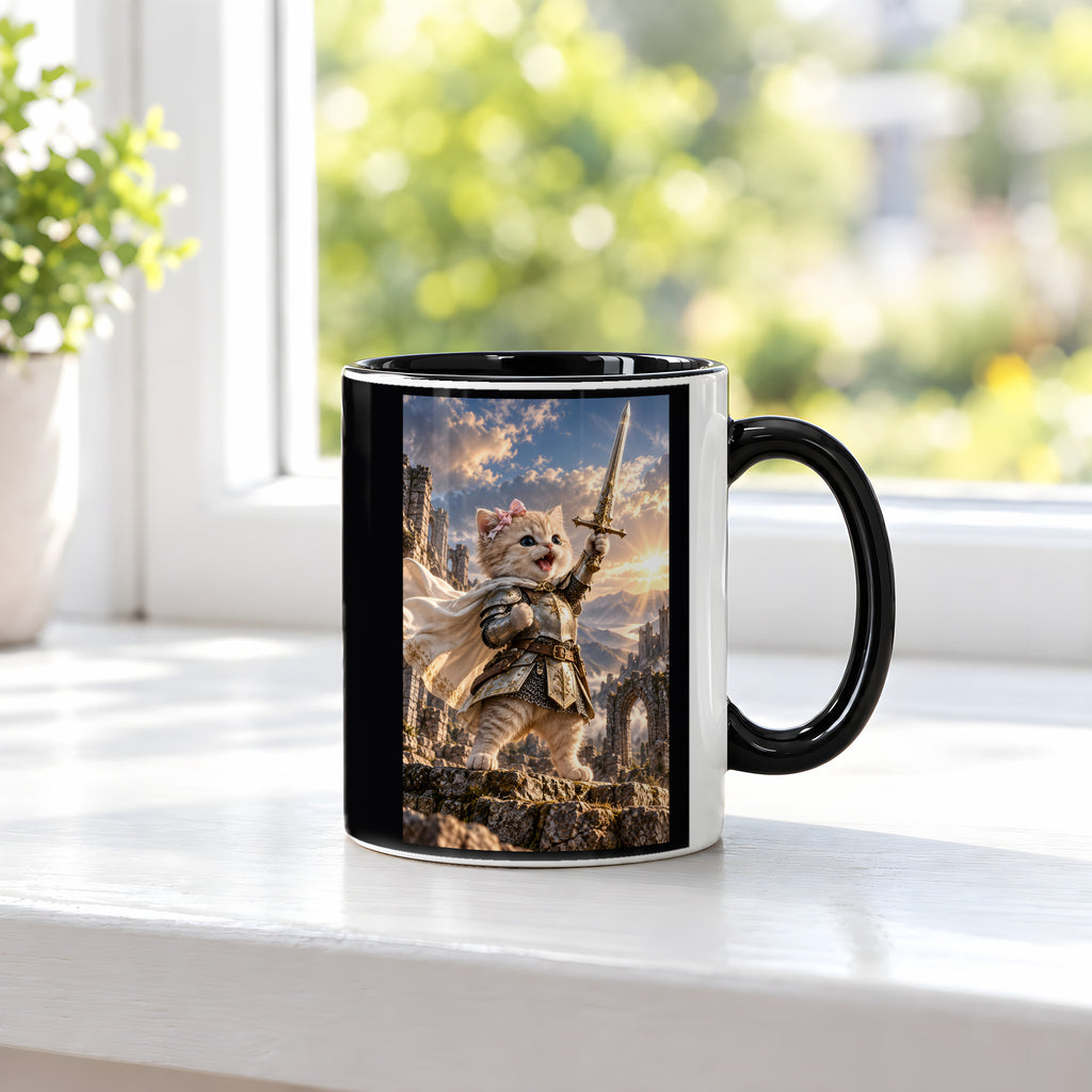 Ritterkatze – Siegesfreude – Tasse. Innen schwarz. 3 FENSTER. KI-Motiv.