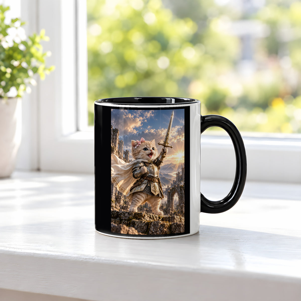 Ritterkatze – Siegesfreude – Tasse. Innen schwarz. 3 FENSTER. KI-Motiv.
