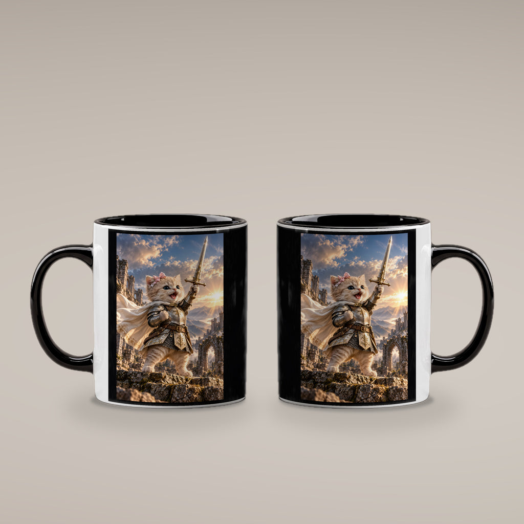 Ritterkatze – Siegesfreude – Tasse. Innen schwarz. 4 BEIDE SEITEN. KI-Motiv.